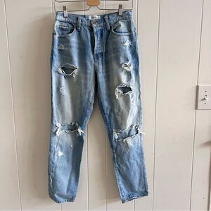 PISTOLA High Rise Distressed Holes Straight Leg Jeans